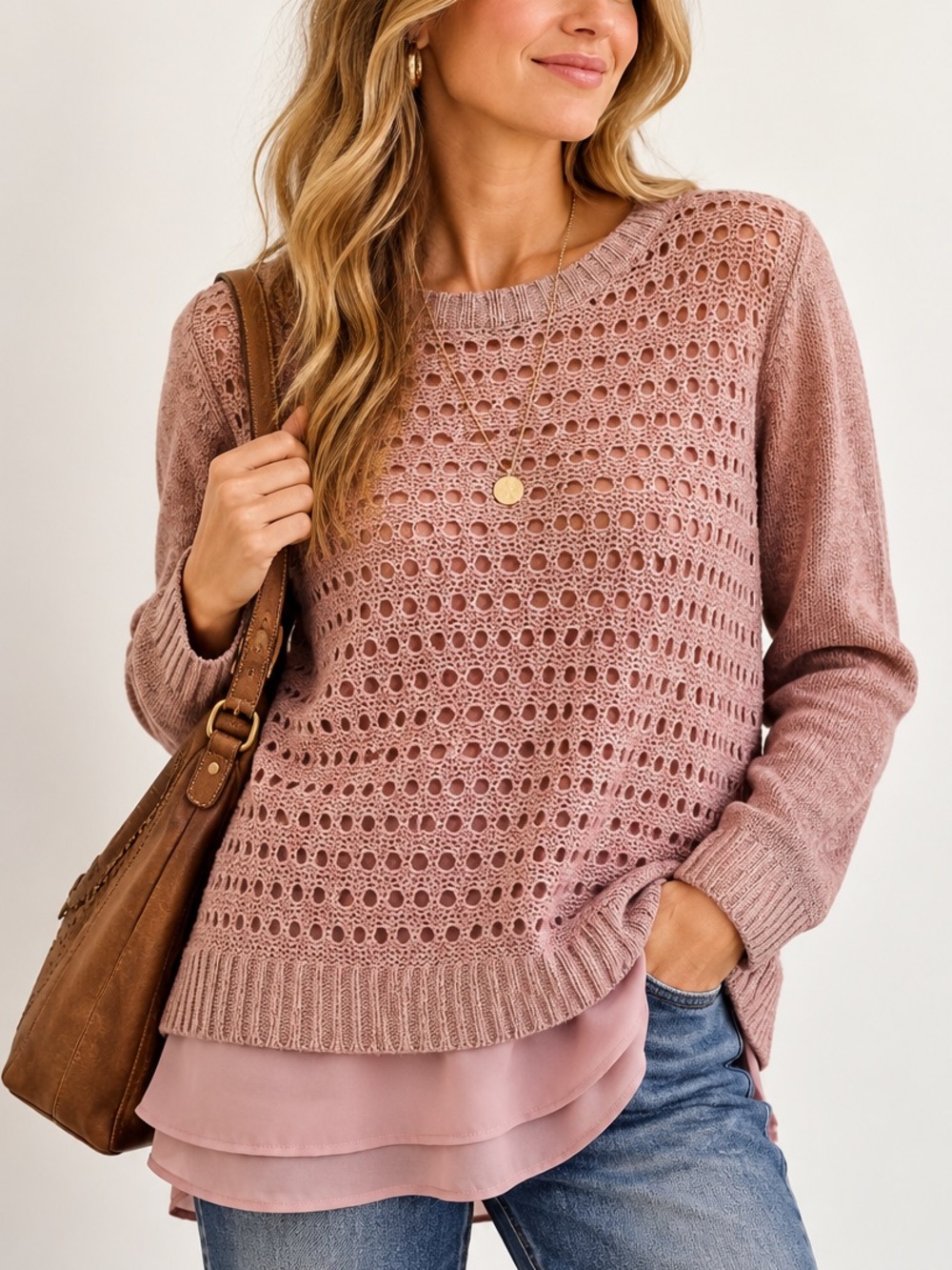 The Limited Pink Open Knit Layered Sweater Blouse Tunic Small